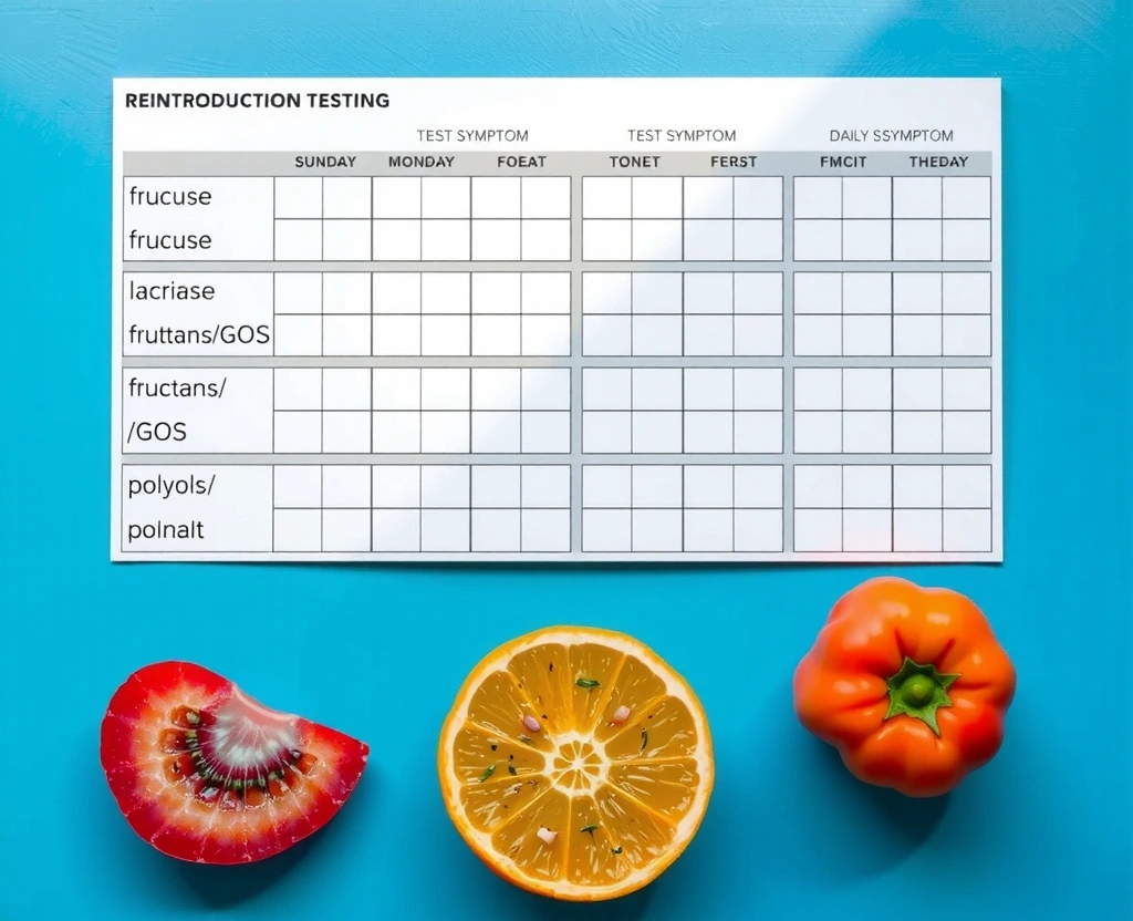 Phase 2 reintroduction testing chart showing four FODMAP groups with symptom tracking